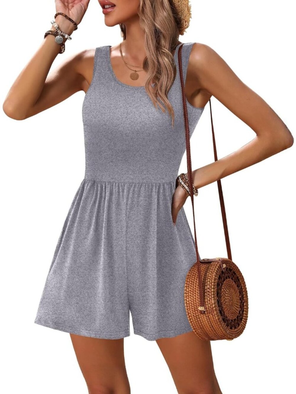 Women's Summer Romper Light Grey Sleeveless Scoop Neck Short Beach Jumpsuit